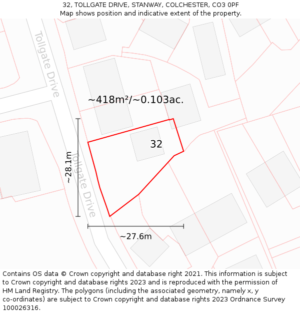 32, TOLLGATE DRIVE, STANWAY, COLCHESTER, CO3 0PF: Plot and title map