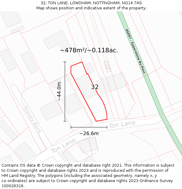 32, TON LANE, LOWDHAM, NOTTINGHAM, NG14 7AS: Plot and title map