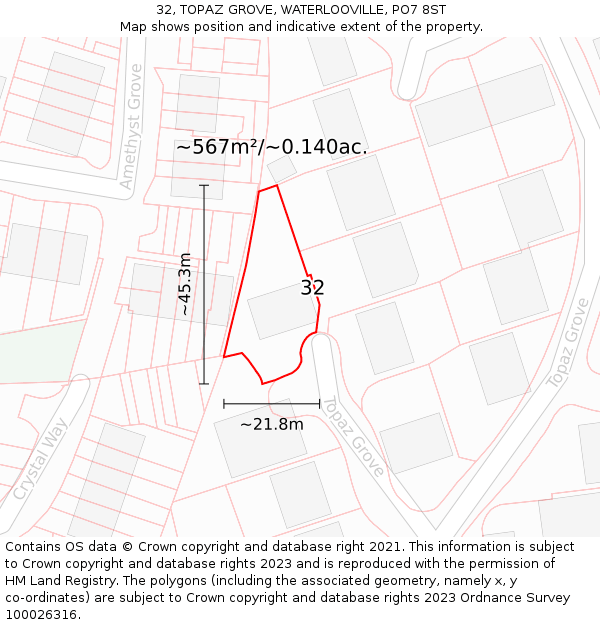 32, TOPAZ GROVE, WATERLOOVILLE, PO7 8ST: Plot and title map