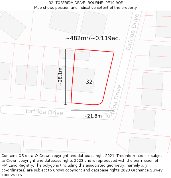 32, TORFRIDA DRIVE, BOURNE, PE10 9QF: Plot and title map