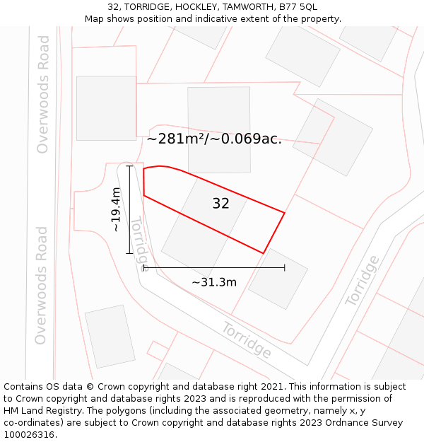 32, TORRIDGE, HOCKLEY, TAMWORTH, B77 5QL: Plot and title map