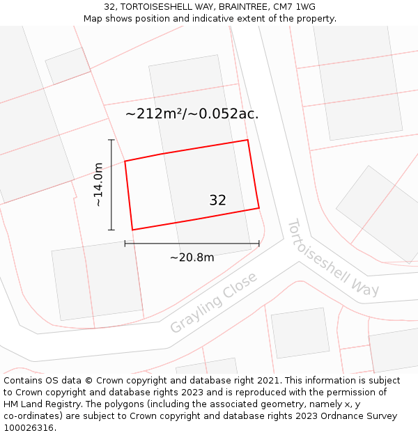 32, TORTOISESHELL WAY, BRAINTREE, CM7 1WG: Plot and title map