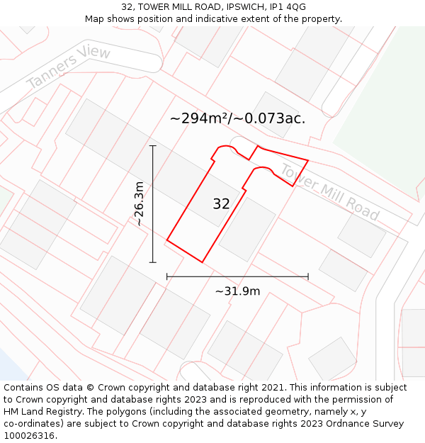 32, TOWER MILL ROAD, IPSWICH, IP1 4QG: Plot and title map