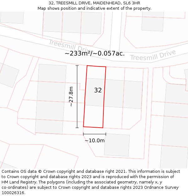 32, TREESMILL DRIVE, MAIDENHEAD, SL6 3HR: Plot and title map