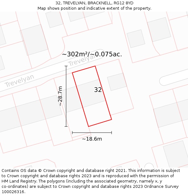 32, TREVELYAN, BRACKNELL, RG12 8YD: Plot and title map