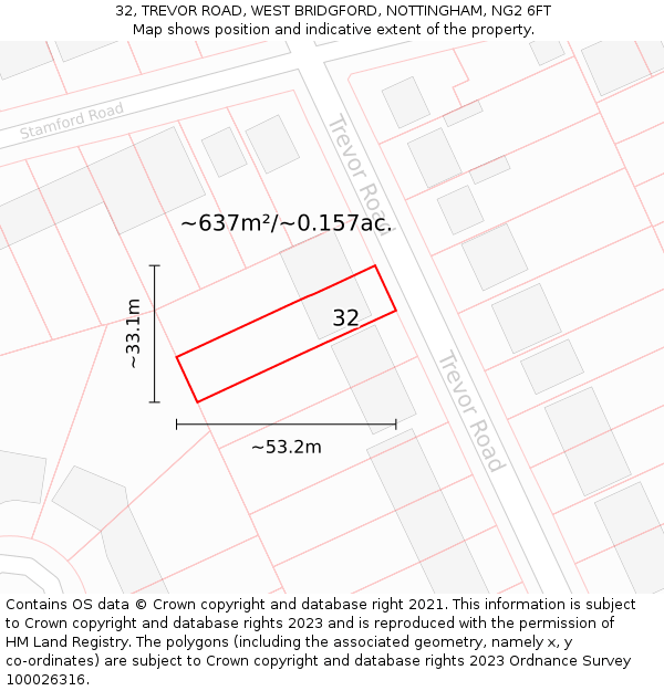 32, TREVOR ROAD, WEST BRIDGFORD, NOTTINGHAM, NG2 6FT: Plot and title map