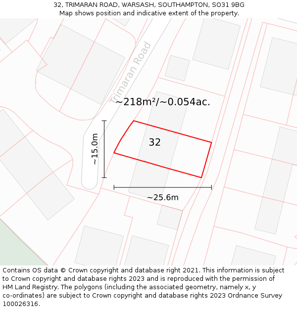 32, TRIMARAN ROAD, WARSASH, SOUTHAMPTON, SO31 9BG: Plot and title map