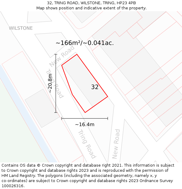 32, TRING ROAD, WILSTONE, TRING, HP23 4PB: Plot and title map