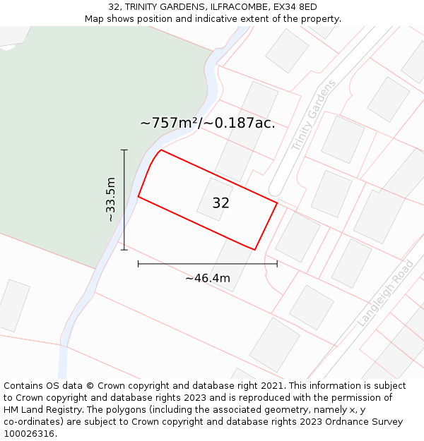 32, TRINITY GARDENS, ILFRACOMBE, EX34 8ED: Plot and title map