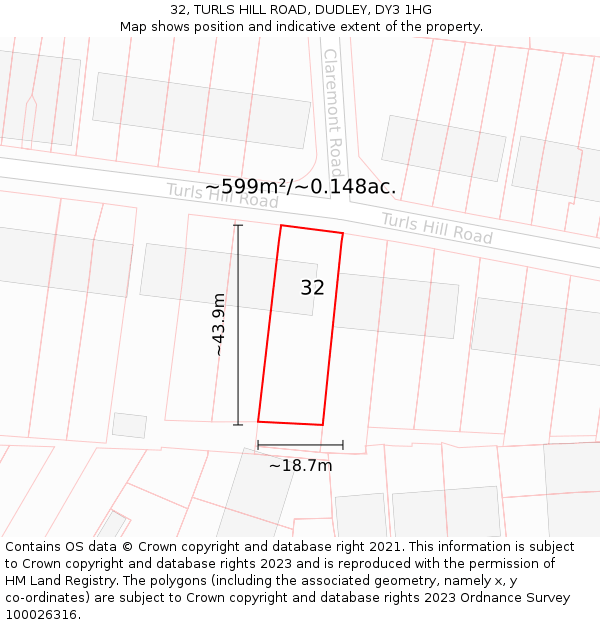 32, TURLS HILL ROAD, DUDLEY, DY3 1HG: Plot and title map