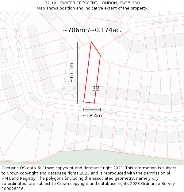 32, ULLSWATER CRESCENT, LONDON, SW15 3RQ: Plot and title map