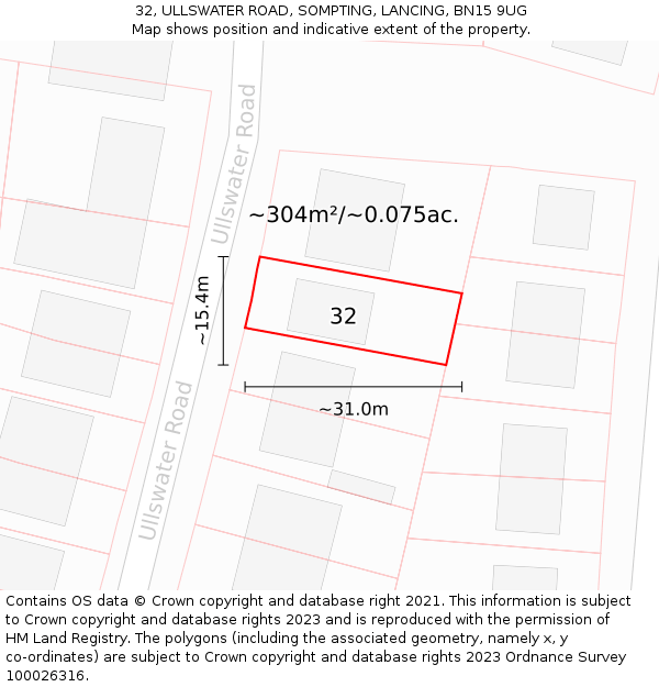 32, ULLSWATER ROAD, SOMPTING, LANCING, BN15 9UG: Plot and title map