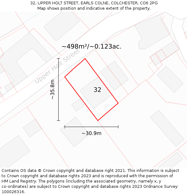 32, UPPER HOLT STREET, EARLS COLNE, COLCHESTER, CO6 2PG: Plot and title map