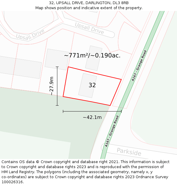 32, UPSALL DRIVE, DARLINGTON, DL3 8RB: Plot and title map