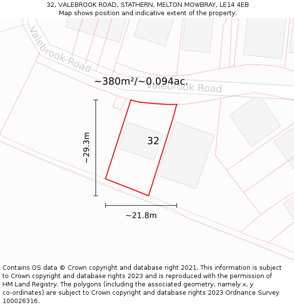 32, VALEBROOK ROAD, STATHERN, MELTON MOWBRAY, LE14 4EB: Plot and title map