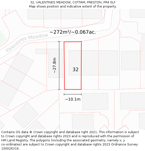 32, VALENTINES MEADOW, COTTAM, PRESTON, PR4 0LF: Plot and title map