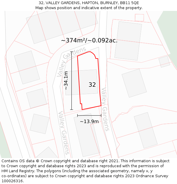 32, VALLEY GARDENS, HAPTON, BURNLEY, BB11 5QE: Plot and title map