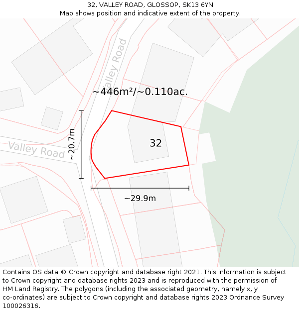 32, VALLEY ROAD, GLOSSOP, SK13 6YN: Plot and title map