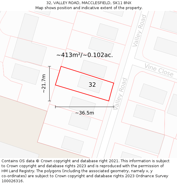 32, VALLEY ROAD, MACCLESFIELD, SK11 8NX: Plot and title map