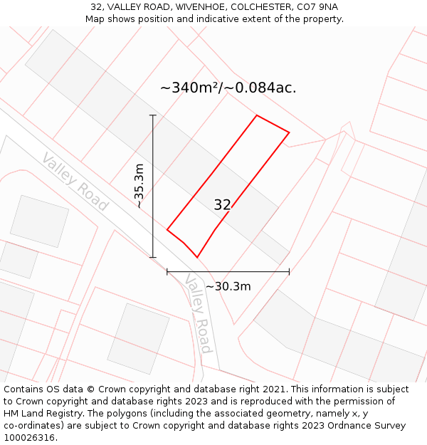 32, VALLEY ROAD, WIVENHOE, COLCHESTER, CO7 9NA: Plot and title map