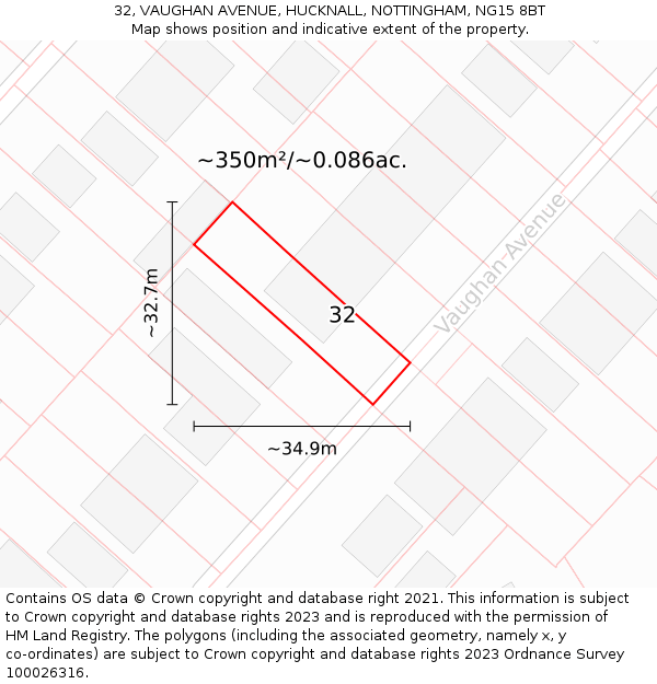 32, VAUGHAN AVENUE, HUCKNALL, NOTTINGHAM, NG15 8BT: Plot and title map