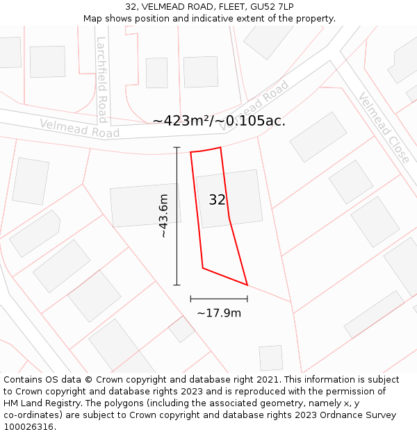 32, VELMEAD ROAD, FLEET, GU52 7LP: Plot and title map