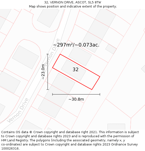 32, VERNON DRIVE, ASCOT, SL5 8TW: Plot and title map