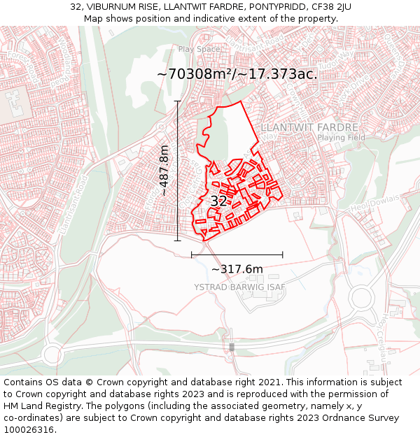 32, VIBURNUM RISE, LLANTWIT FARDRE, PONTYPRIDD, CF38 2JU: Plot and title map