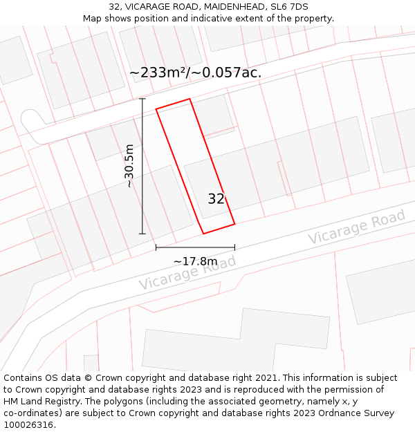 32, VICARAGE ROAD, MAIDENHEAD, SL6 7DS: Plot and title map