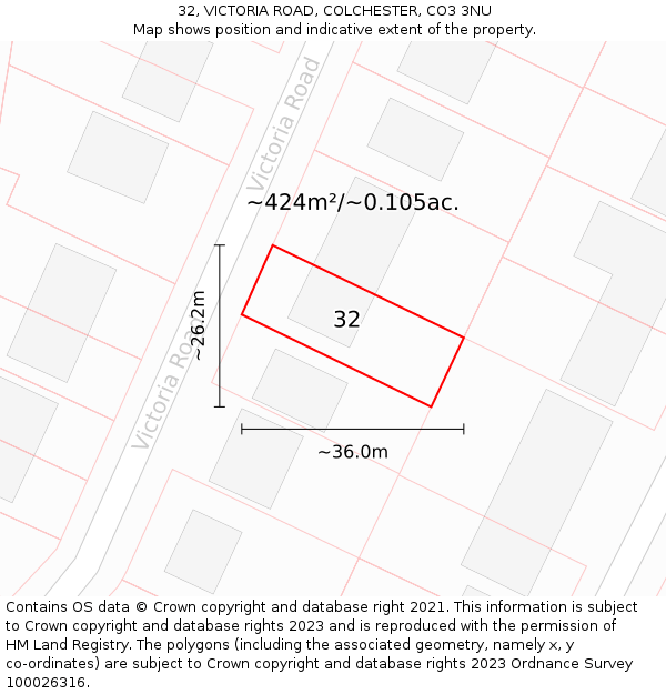 32, VICTORIA ROAD, COLCHESTER, CO3 3NU: Plot and title map