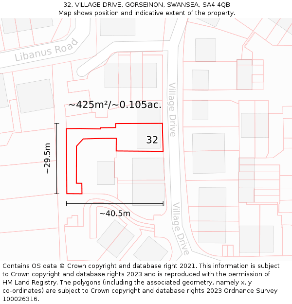 32, VILLAGE DRIVE, GORSEINON, SWANSEA, SA4 4QB: Plot and title map
