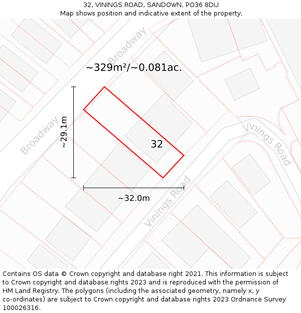 32, VININGS ROAD, SANDOWN, PO36 8DU: Plot and title map