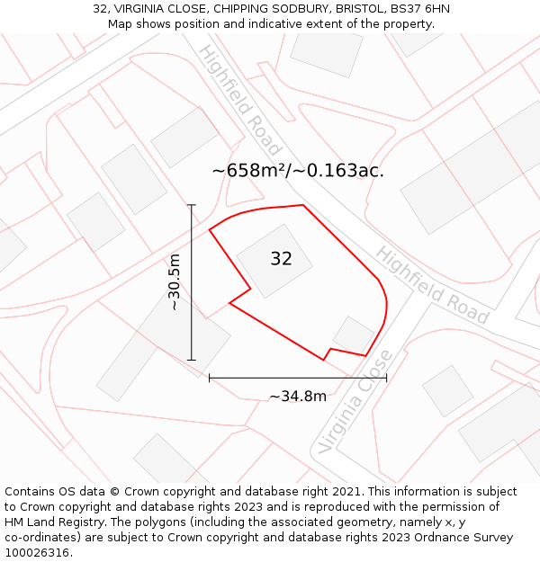 32, VIRGINIA CLOSE, CHIPPING SODBURY, BRISTOL, BS37 6HN: Plot and title map