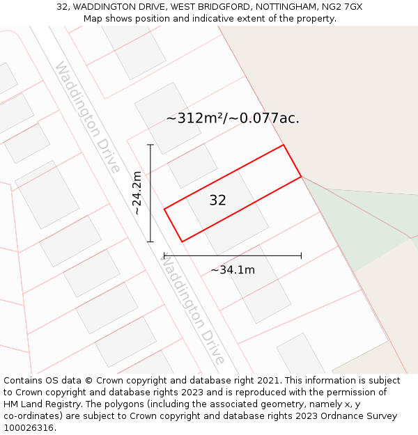 32, WADDINGTON DRIVE, WEST BRIDGFORD, NOTTINGHAM, NG2 7GX: Plot and title map