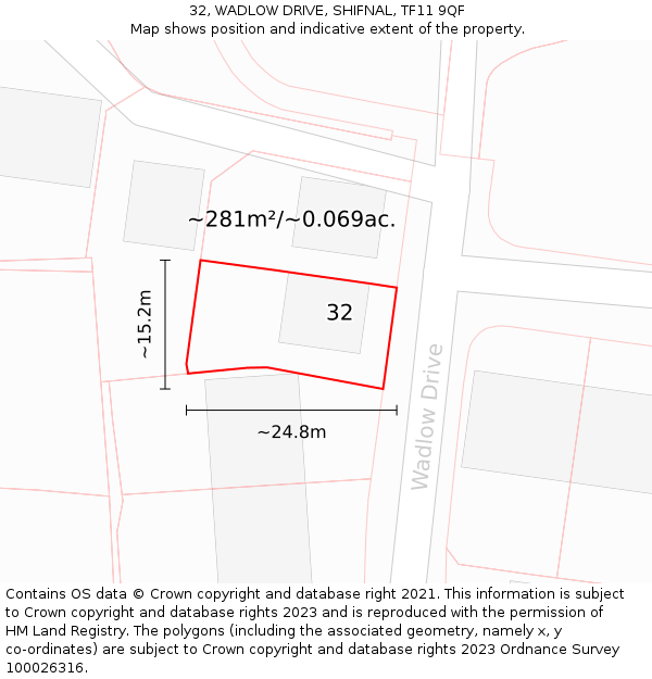 32, WADLOW DRIVE, SHIFNAL, TF11 9QF: Plot and title map