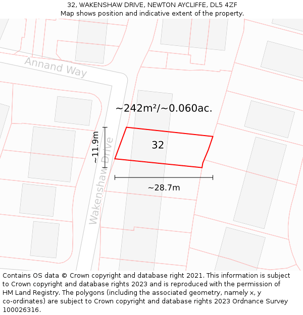 32, WAKENSHAW DRIVE, NEWTON AYCLIFFE, DL5 4ZF: Plot and title map