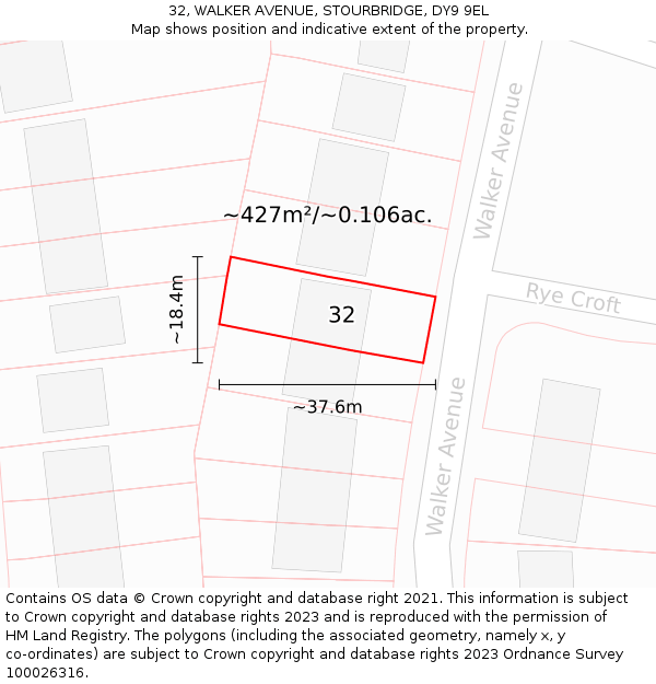 32, WALKER AVENUE, STOURBRIDGE, DY9 9EL: Plot and title map