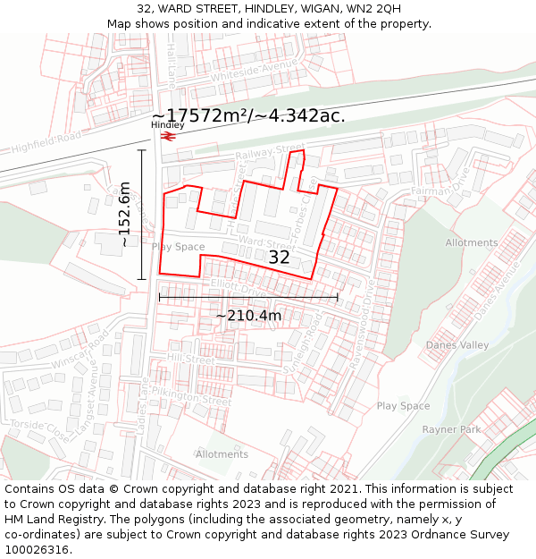 32, WARD STREET, HINDLEY, WIGAN, WN2 2QH: Plot and title map