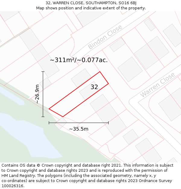 32, WARREN CLOSE, SOUTHAMPTON, SO16 6BJ: Plot and title map