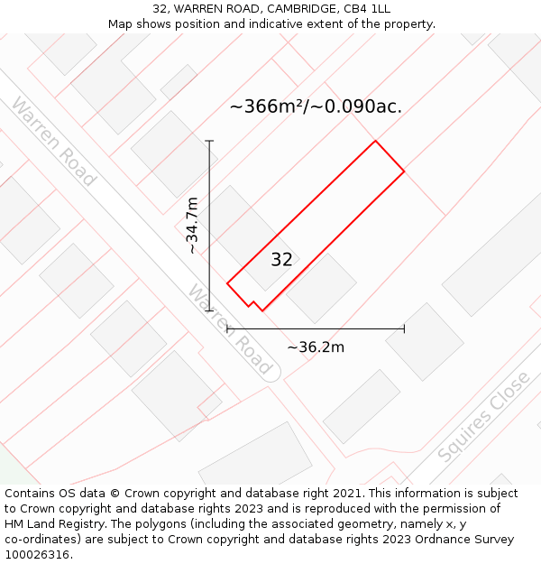 32, WARREN ROAD, CAMBRIDGE, CB4 1LL: Plot and title map