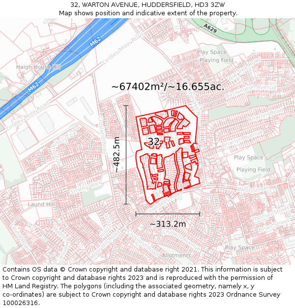 32, WARTON AVENUE, HUDDERSFIELD, HD3 3ZW: Plot and title map