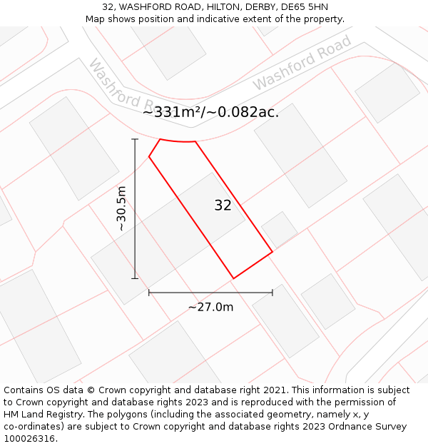 32, WASHFORD ROAD, HILTON, DERBY, DE65 5HN: Plot and title map