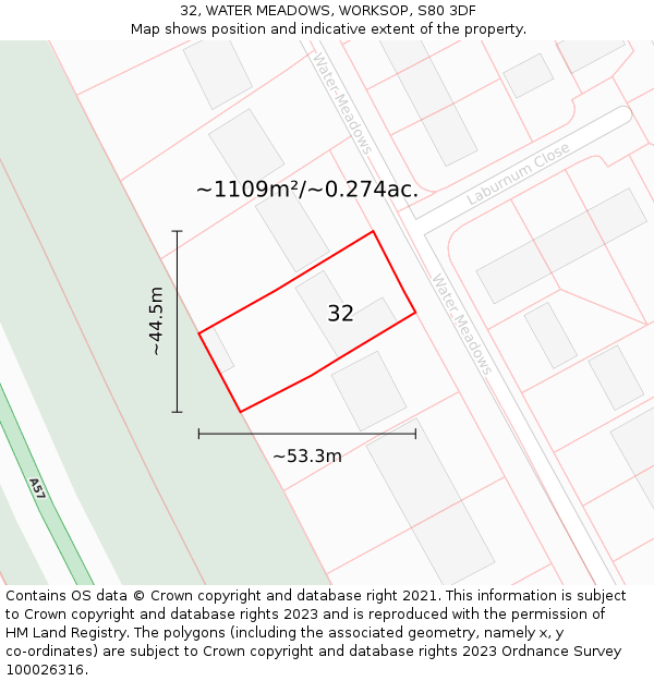 32, WATER MEADOWS, WORKSOP, S80 3DF: Plot and title map