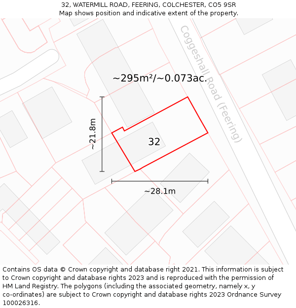 32, WATERMILL ROAD, FEERING, COLCHESTER, CO5 9SR: Plot and title map