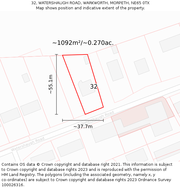 32, WATERSHAUGH ROAD, WARKWORTH, MORPETH, NE65 0TX: Plot and title map