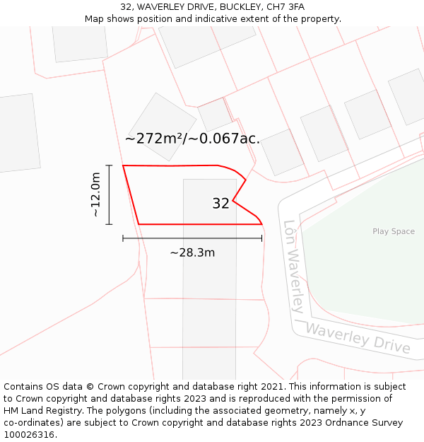 32, WAVERLEY DRIVE, BUCKLEY, CH7 3FA: Plot and title map