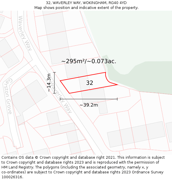 32, WAVERLEY WAY, WOKINGHAM, RG40 4YD: Plot and title map