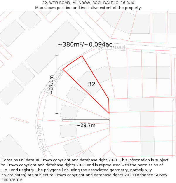 32, WEIR ROAD, MILNROW, ROCHDALE, OL16 3UX: Plot and title map