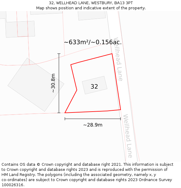 32, WELLHEAD LANE, WESTBURY, BA13 3PT: Plot and title map