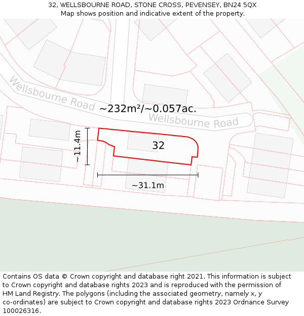 32, WELLSBOURNE ROAD, STONE CROSS, PEVENSEY, BN24 5QX: Plot and title map